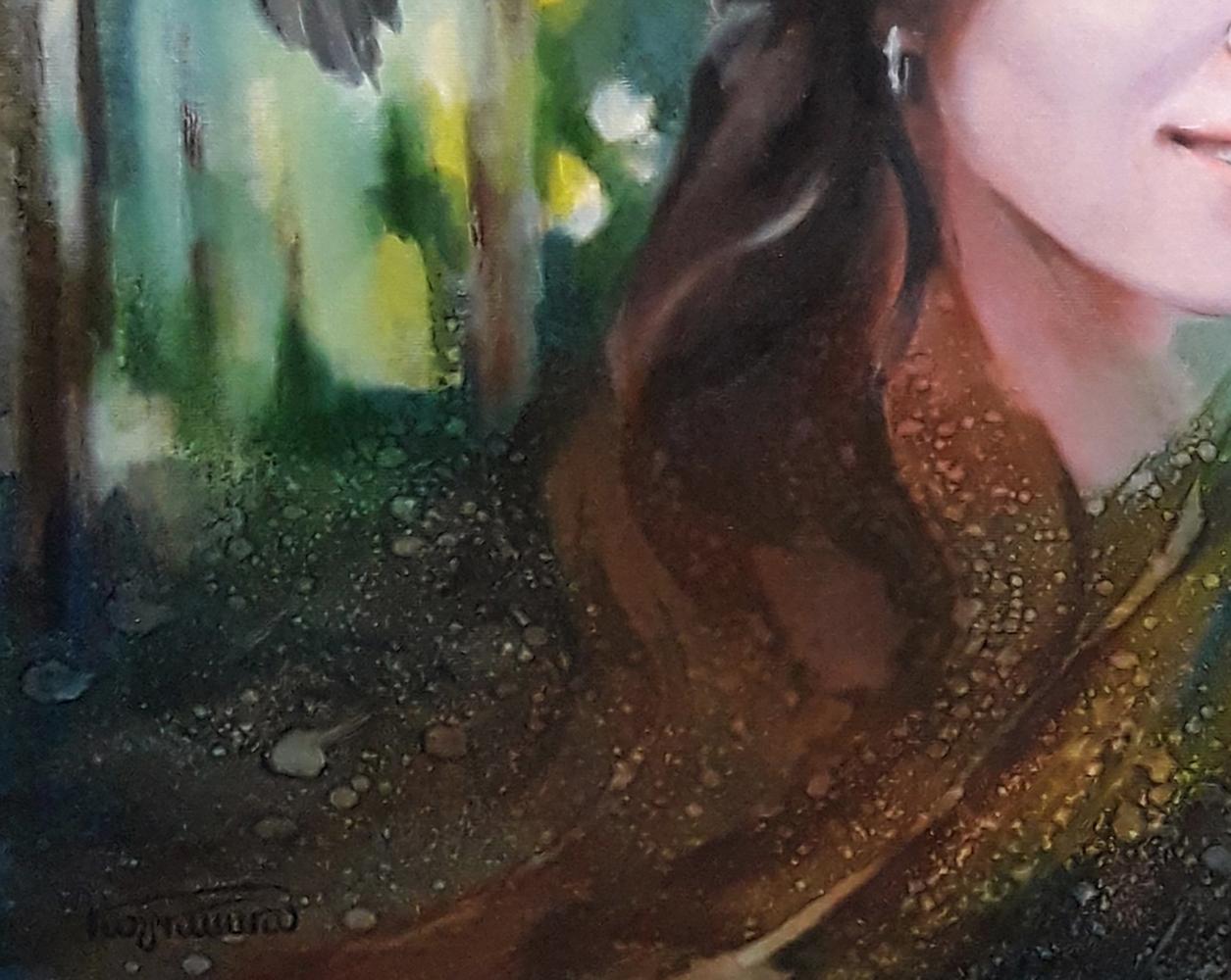 Oil painting portrait of woman with long brown hair in gold green gown by Vasily Korkishko