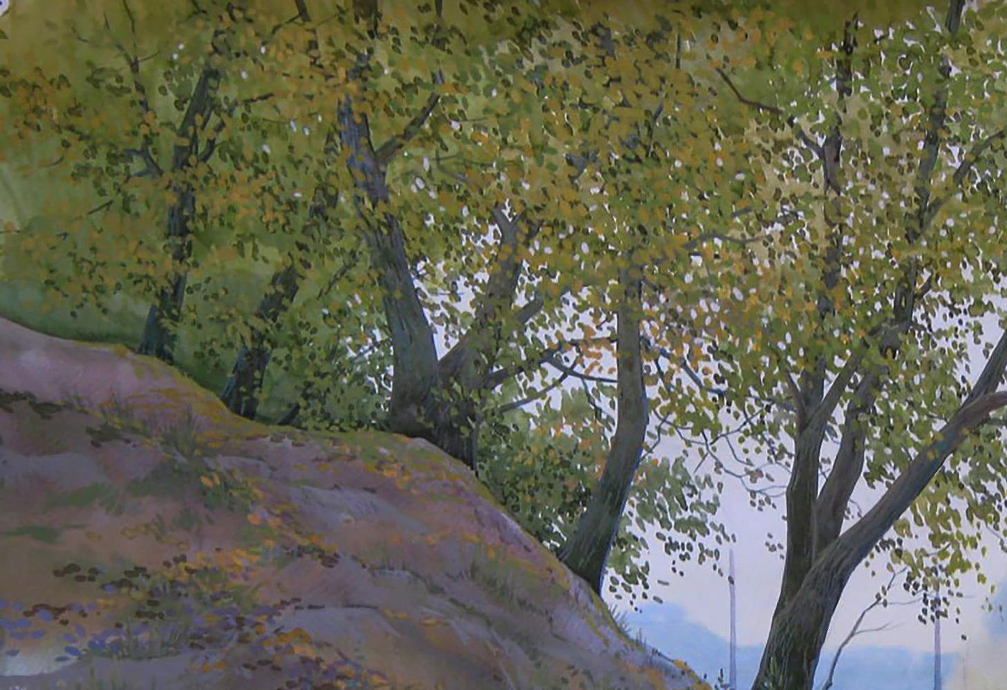 Watercolor painting Autumn morning by Valery Savenets: trees on rocky hillside
