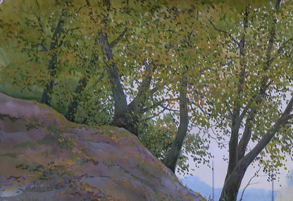 Watercolor painting Autumn morning by Valery Savenets: trees on rocky hillside