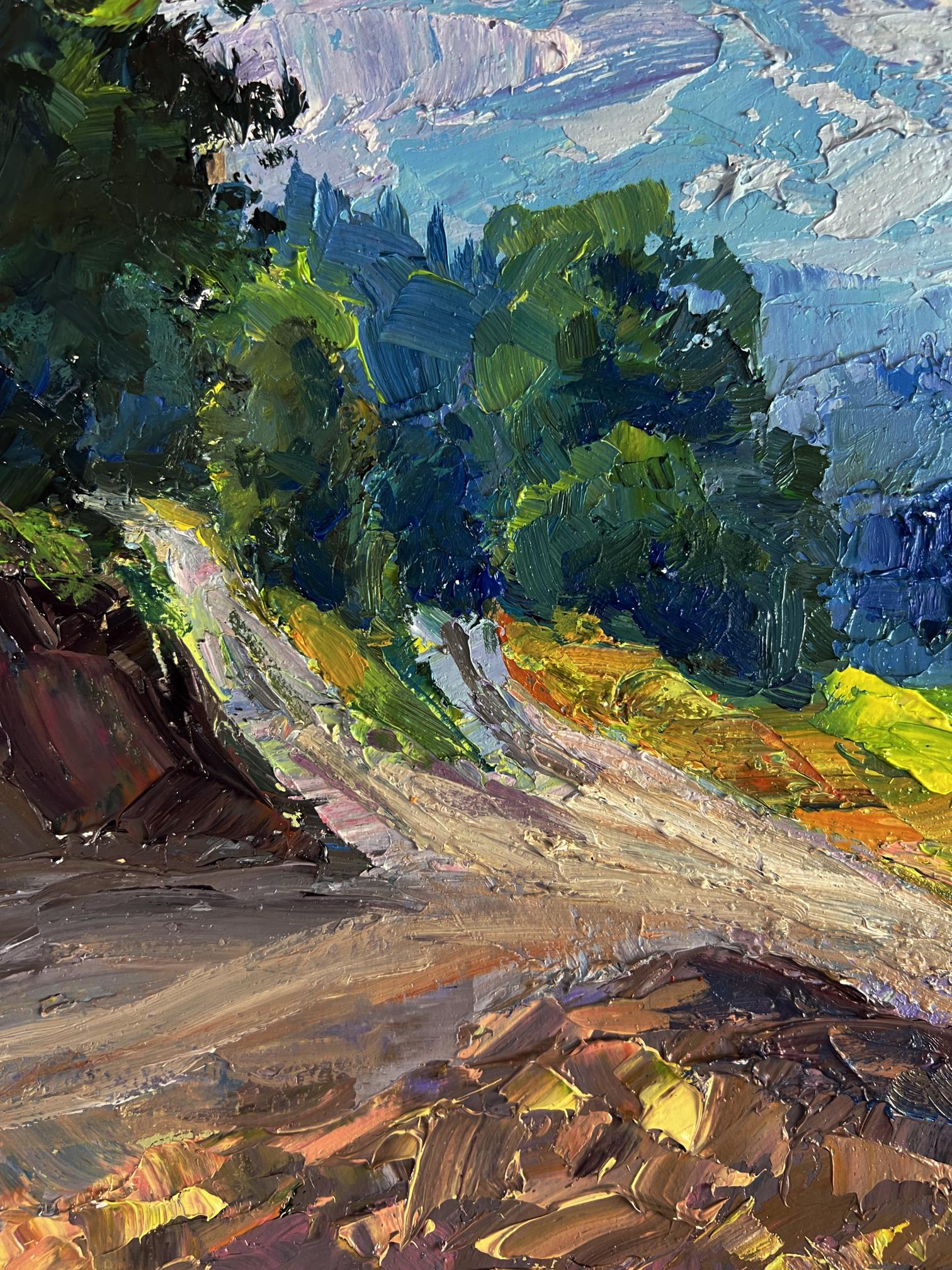 Vibrant impressionist oil painting by Boris Serdyuk: Fresh mountain air path through trees
