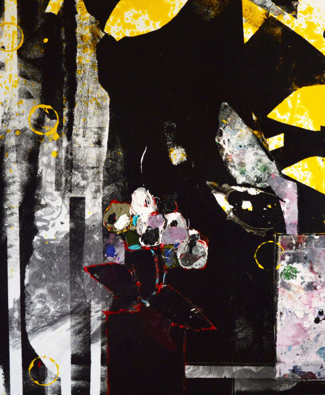 Oil painting of abstract floral arrangement in dark vase by Natalia Korf-Ivaniuk
