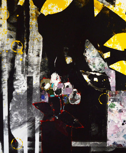 Oil painting of abstract floral arrangement in dark vase by Natalia Korf-Ivaniuk
