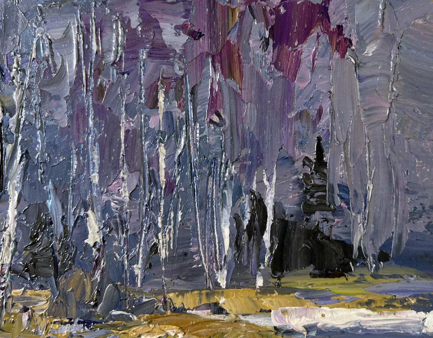 Oil painting Snow melts in March by Boris Serdyuk, abstract purple gray silver textures