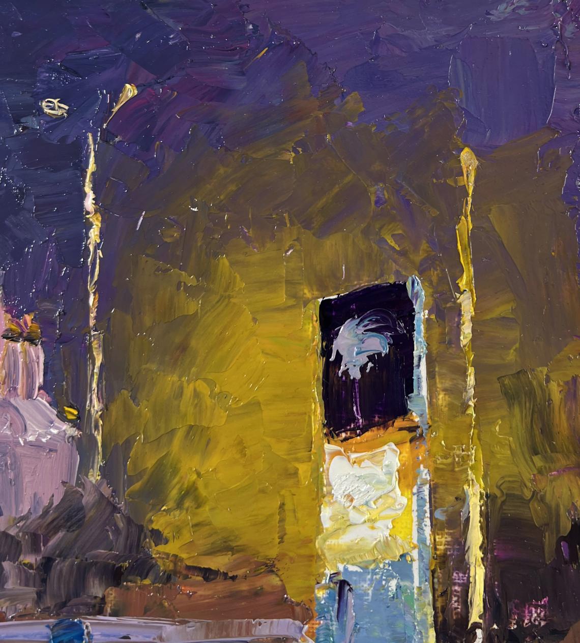 Oil painting The city never sleeps by Boris Serdyuk, vibrant purple yellow black abstract