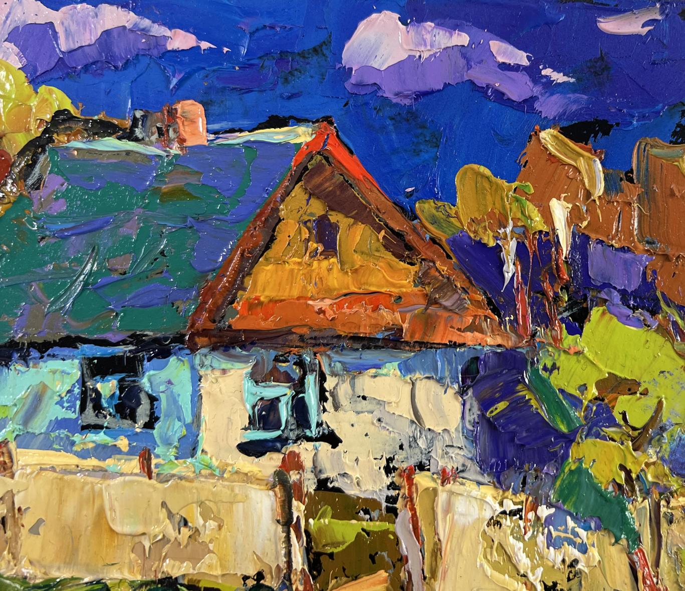 Vibrant impressionist oil painting of Oksana Ivanyuk tree house with orange roof under endless blue sky