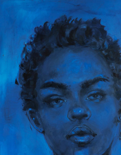 Blue-toned oil painting portrait of Calm Victoria Kagalovska with curly hair