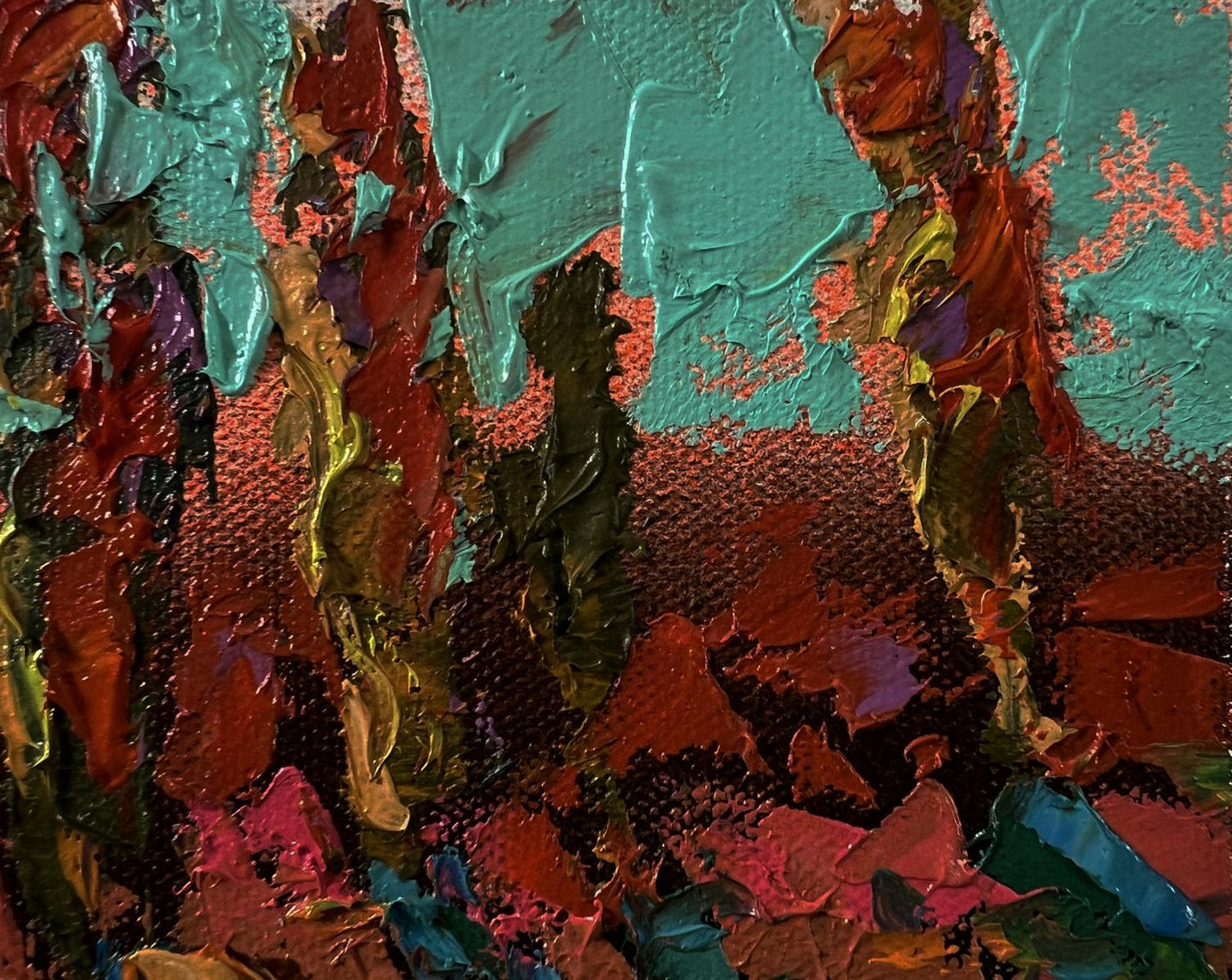 Oil painting Autumn evening in the field by Oksana Ivanyuk, teal red gold abstract