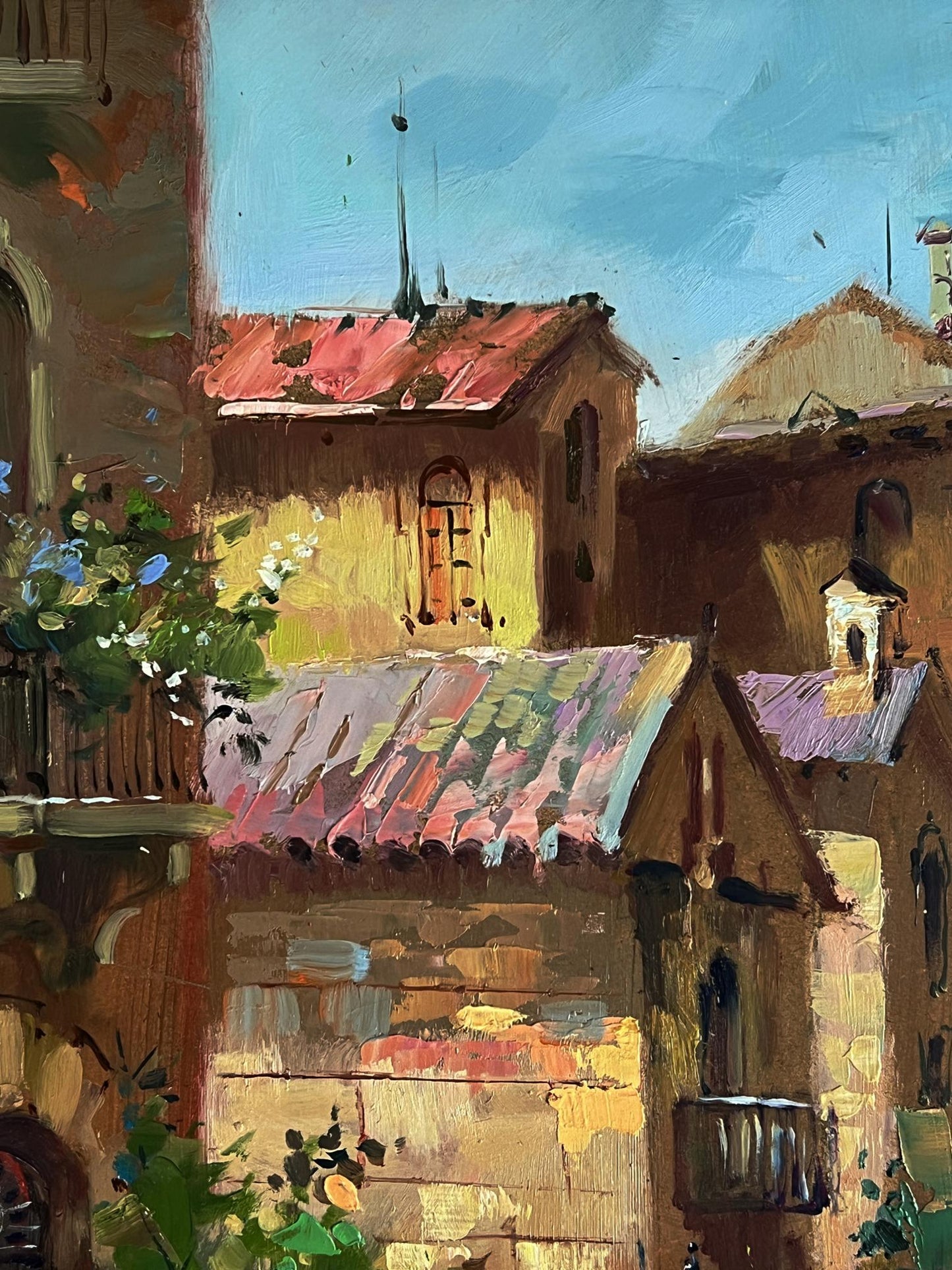 Vibrant impressionist oil painting of sunlit Venice streets by Yuriy Suprunchuk