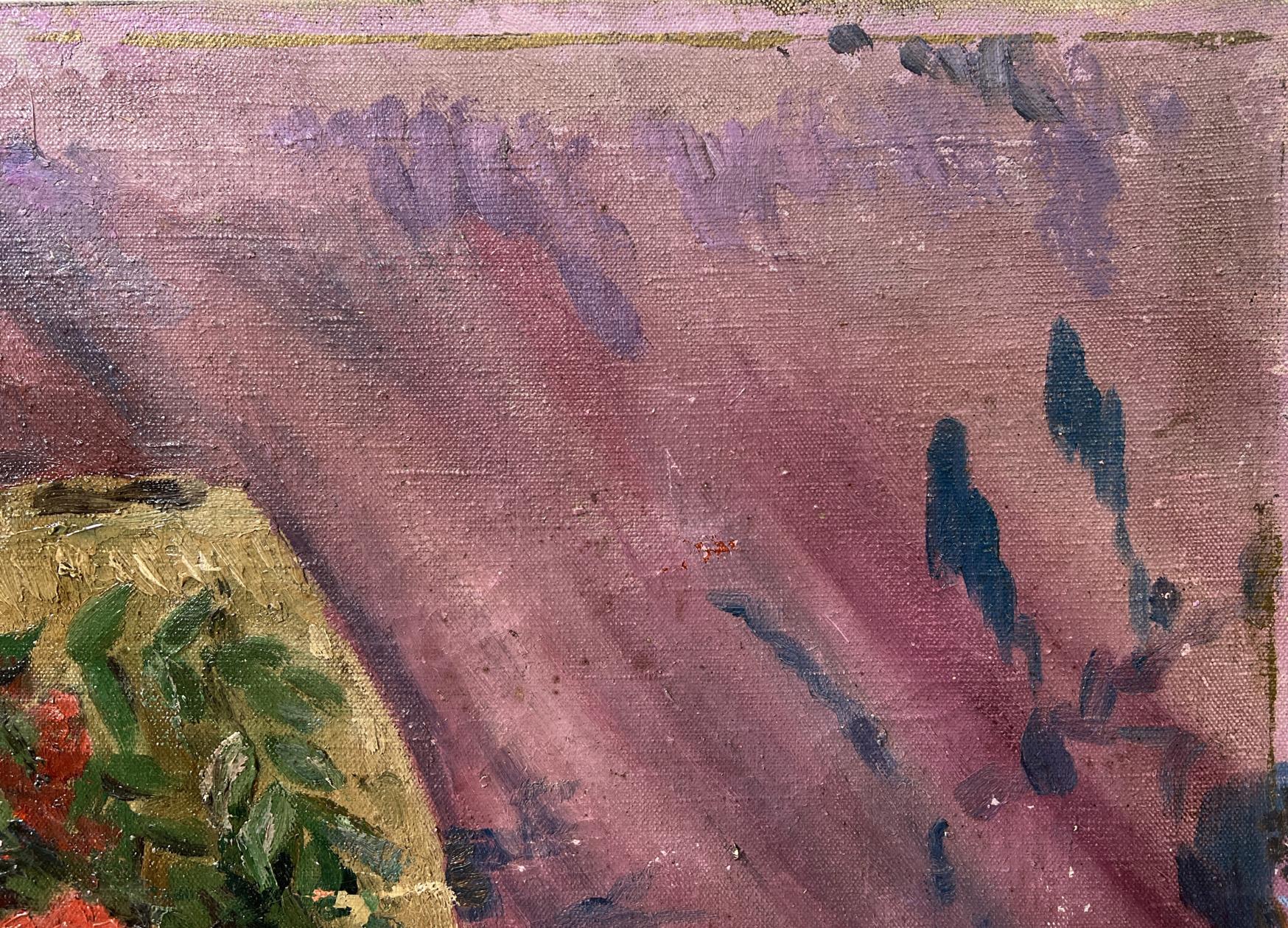 Oil painting The taste of life by Nestor Kizenko vibrant pink purple sky trees
