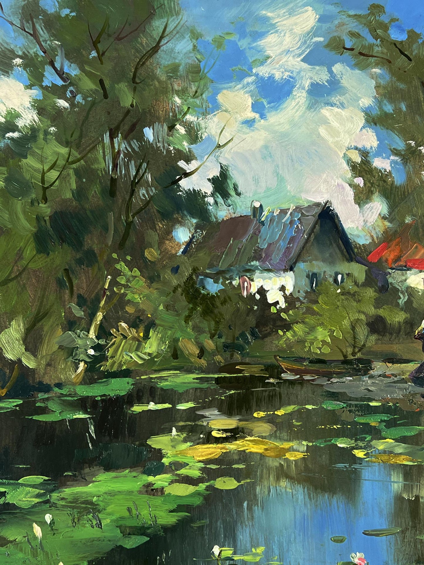 Oil painting by Yuriy Suprunchuk: rustic cottage by village lake amid trees
