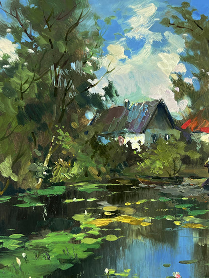Oil painting by Yuriy Suprunchuk: rustic cottage by village lake amid trees