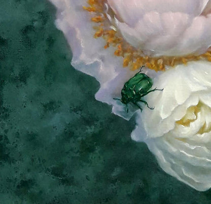 Glossy emerald green beetle on white flower petals in Vasily Korkishko oil painting