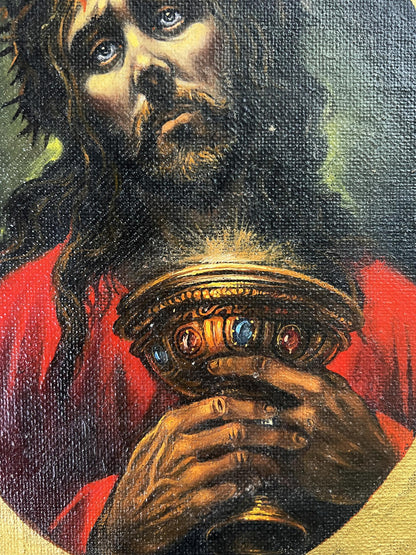 Oil painting portrait of Jesus holding golden gemstone chalice by Alexander Litvinov
