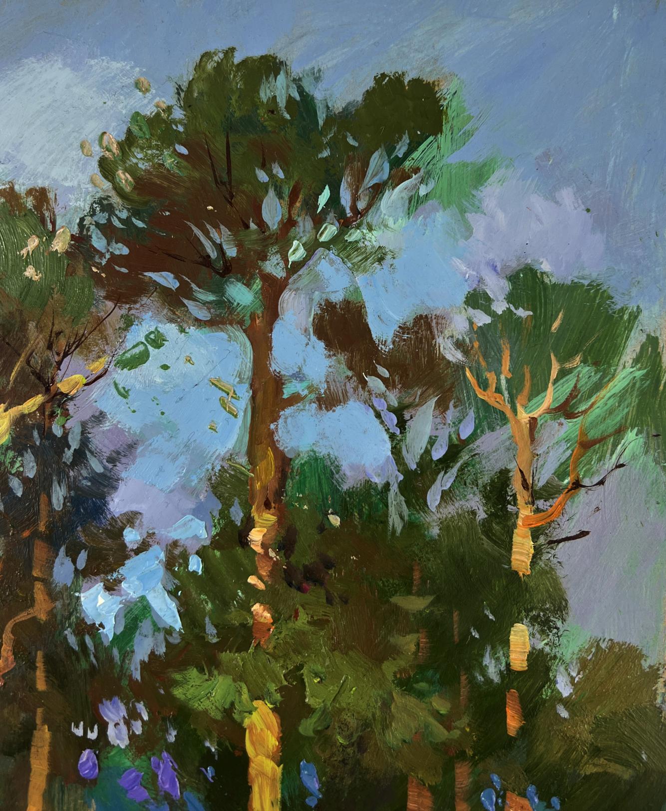 Vibrant impressionist oil painting of forest descending to river banks by Yuriy Suprunchuk