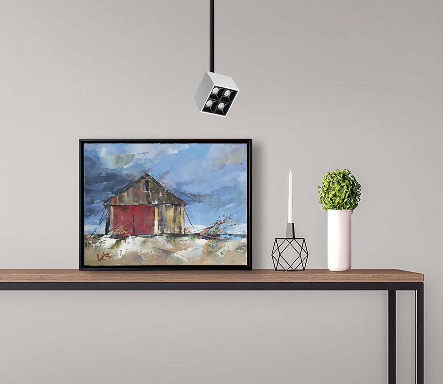 Oil painting Seasonal Wind by Volodymyr Gluhomanyuk: rustic red barn in snow