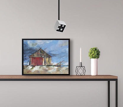 Oil painting Seasonal Wind by Volodymyr Gluhomanyuk: rustic red barn in snow