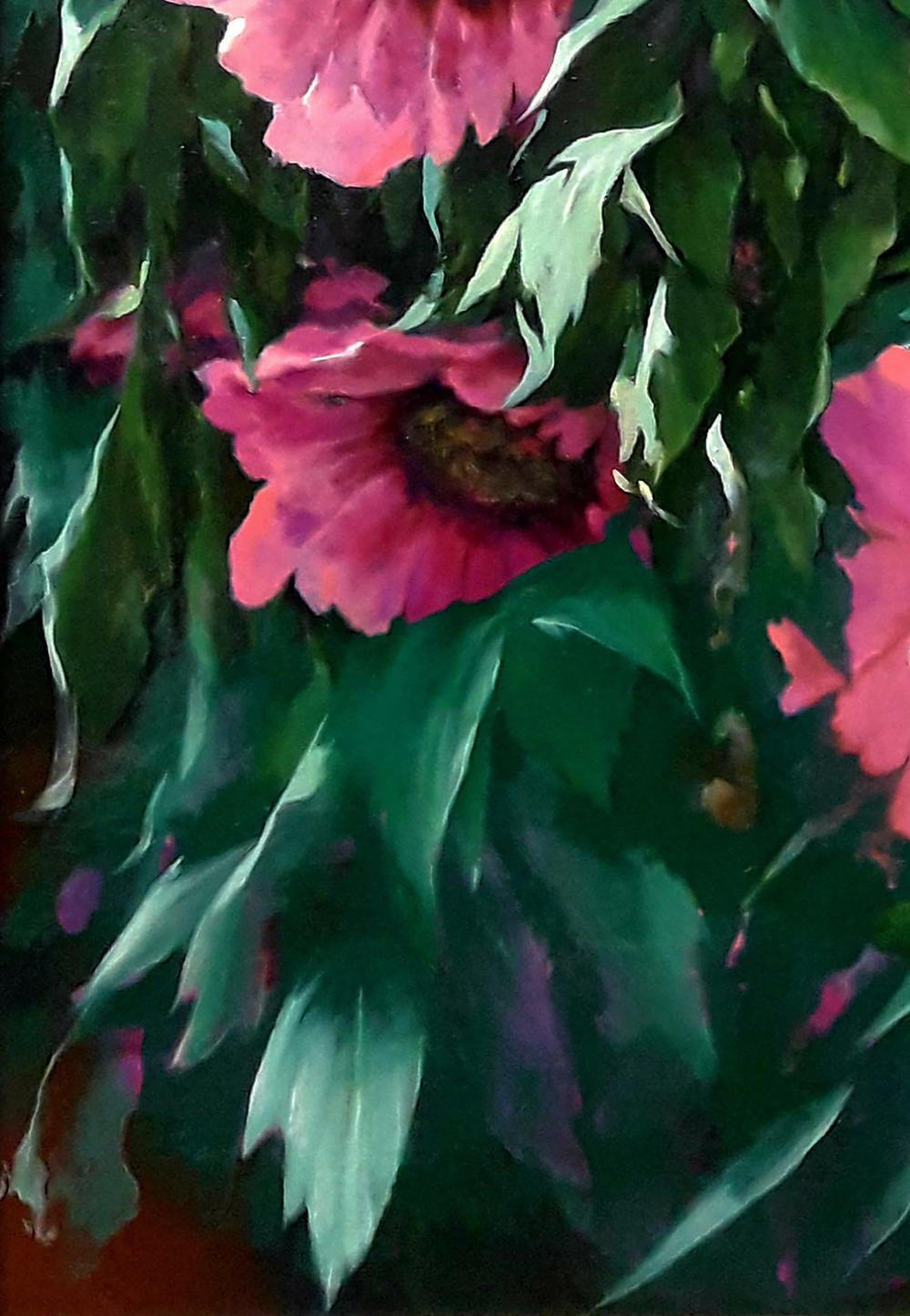 Vibrant pink peonies oil painting by Vasily Korkishko with lush foliage