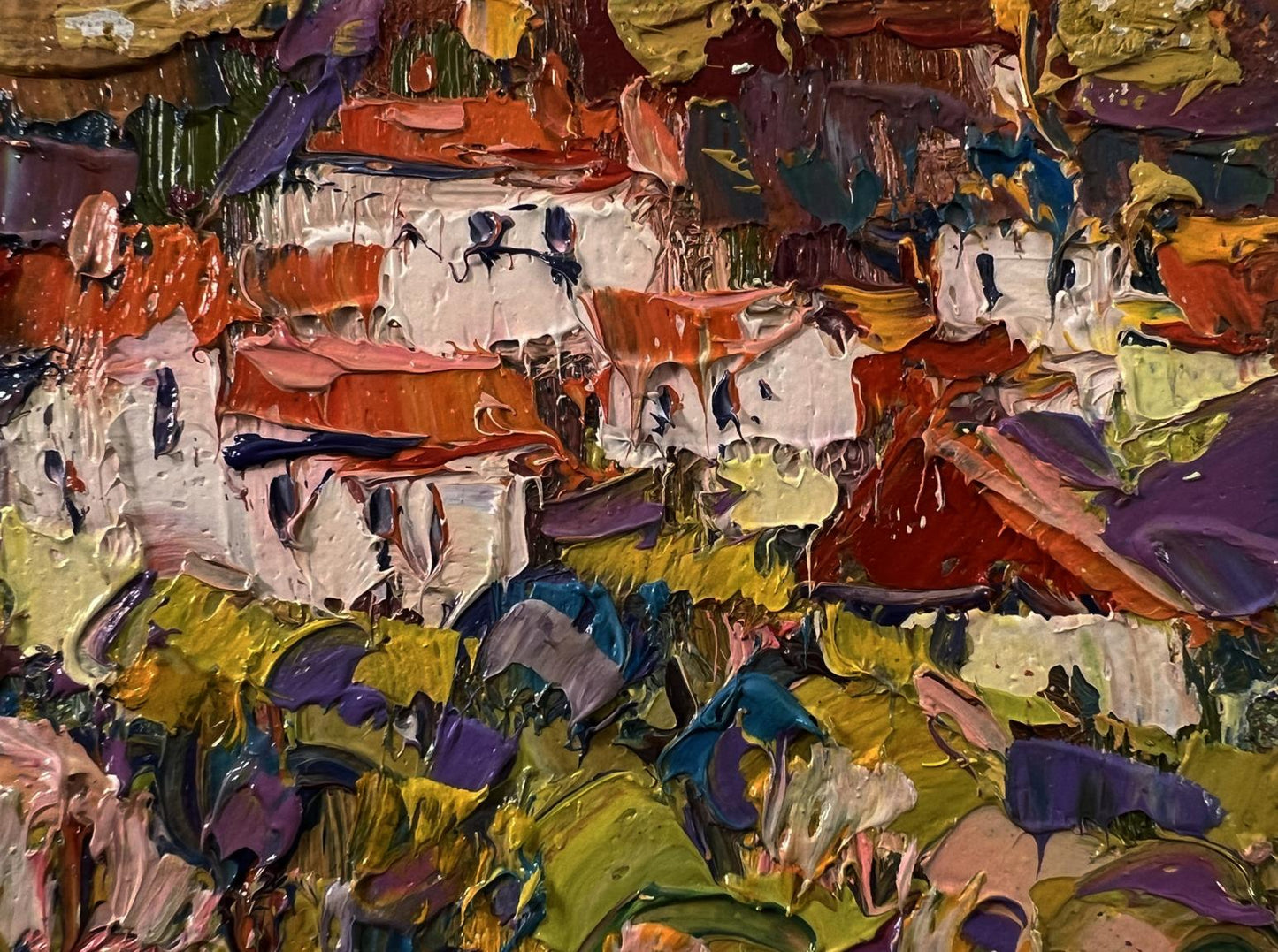 Vibrant Edge of the Village oil painting by Oleksiy Ivanyuk in bold reds and purples