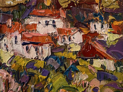 Vibrant Edge of the Village oil painting by Oleksiy Ivanyuk in bold reds and purples