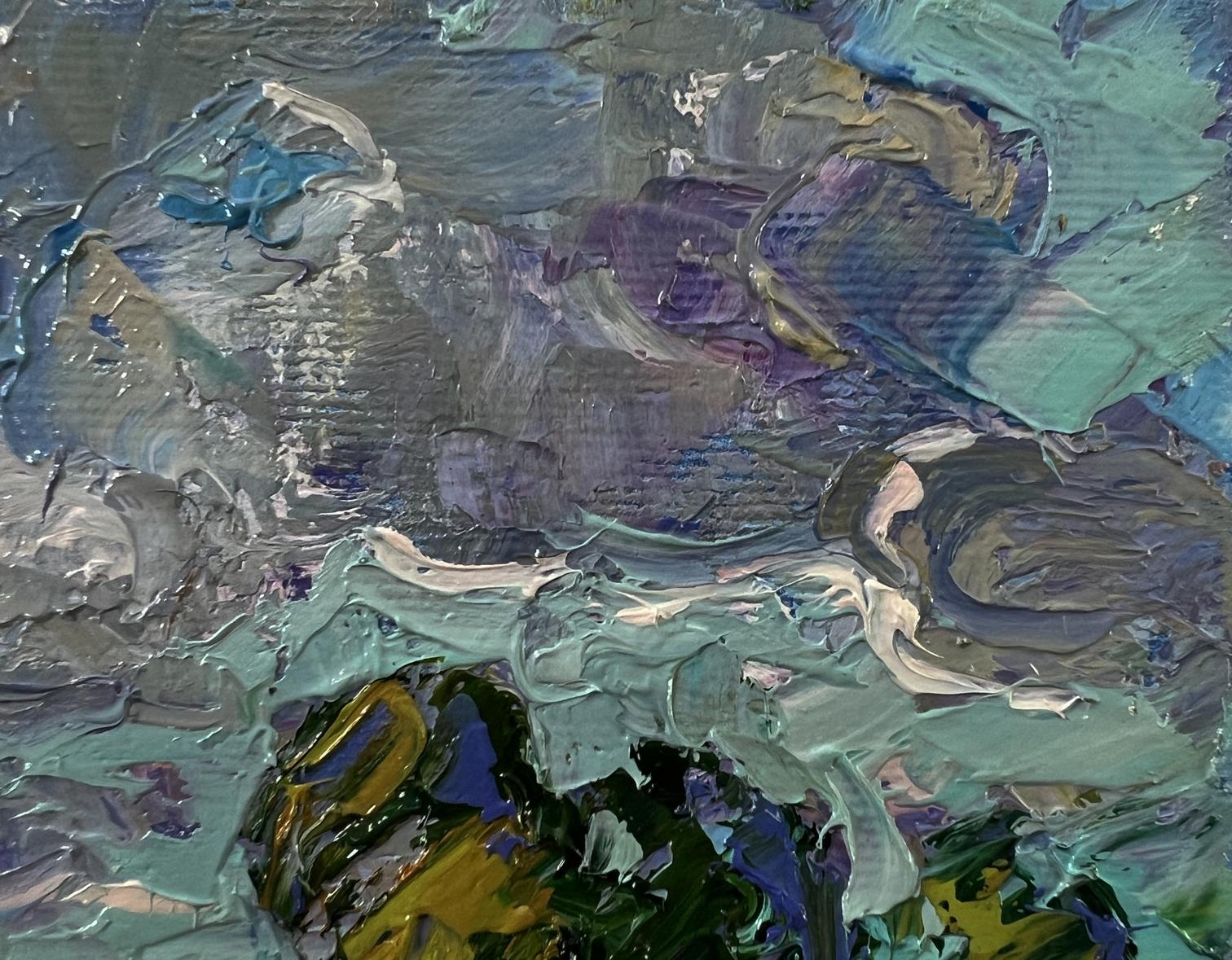 Oil painting Floating Clouds by Oksana Ivanyuk in teal, gray, purple, green