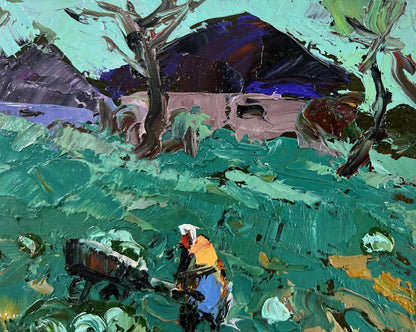 Vibrant Oleksiy Ivanyuk oil painting of figure pushing cart in lush green field