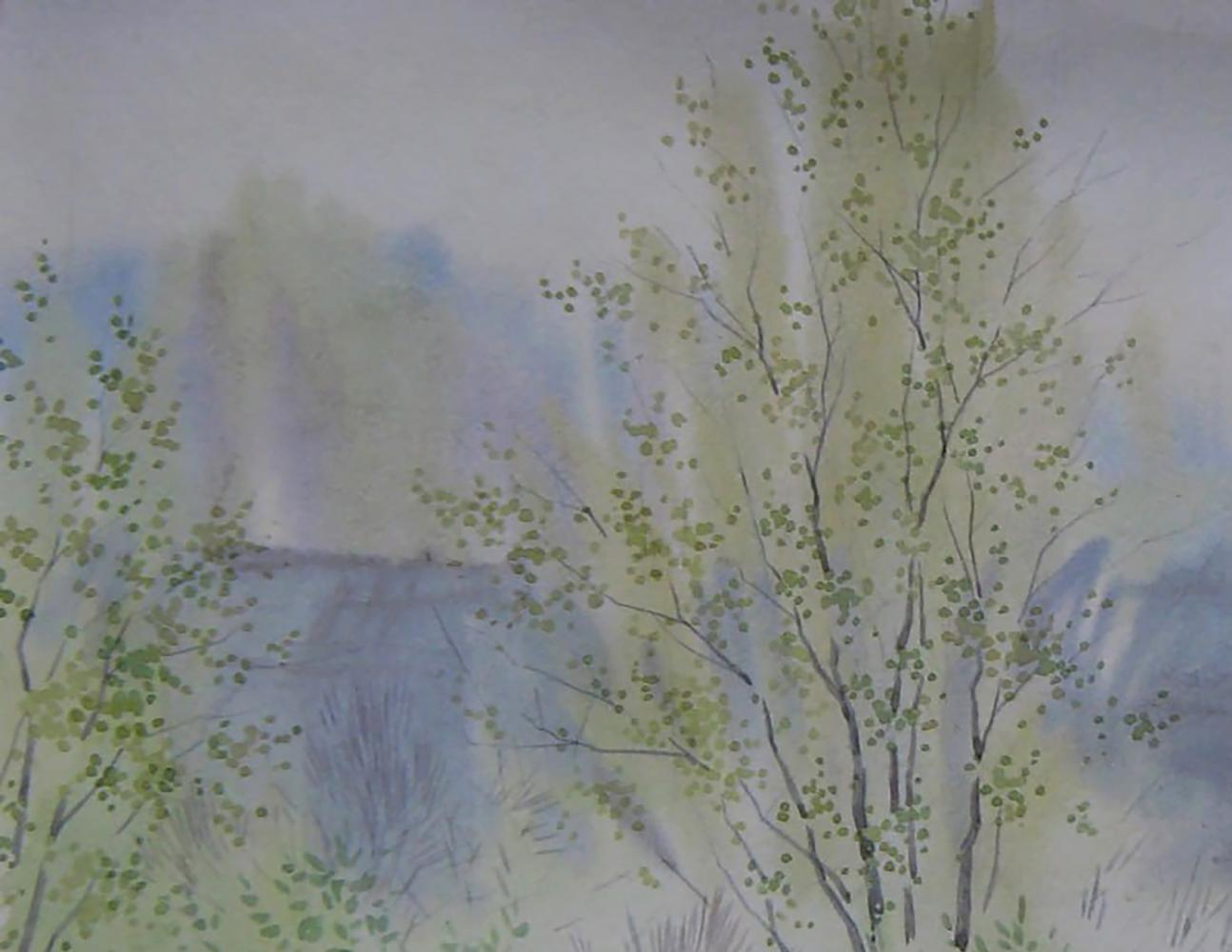 Watercolor Spring river fog painting by Valery Savenets slender trees misty blue gray