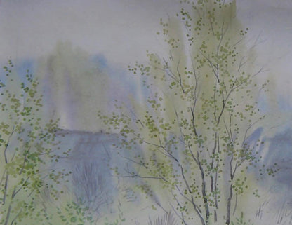 Watercolor Spring river fog painting by Valery Savenets slender trees misty blue gray