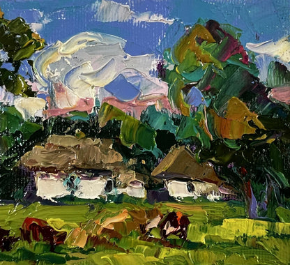 Vibrant impressionist oil painting by Oksana Ivanyuk of cows grazing in rural meadow