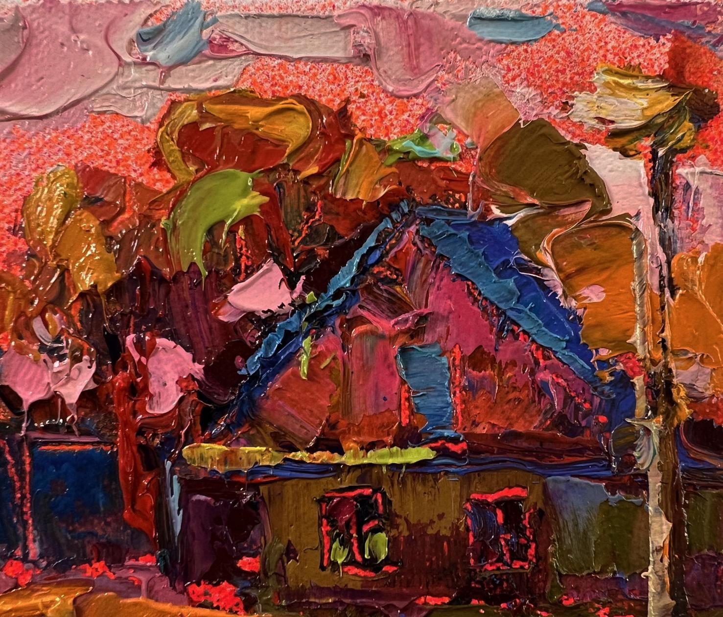 Oil painting Pink village evening by Oksana Ivanyuk, vibrant textured house