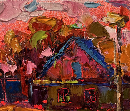 Oil painting Pink village evening by Oksana Ivanyuk, vibrant textured house