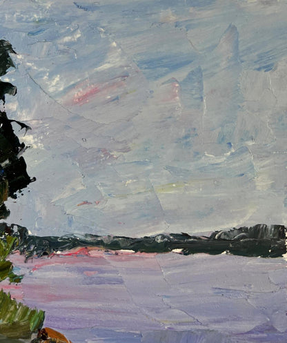 Oil painting Thoughts of a lonely fisherman by Boris Serdyuk, impressionist sky over dark shoreline