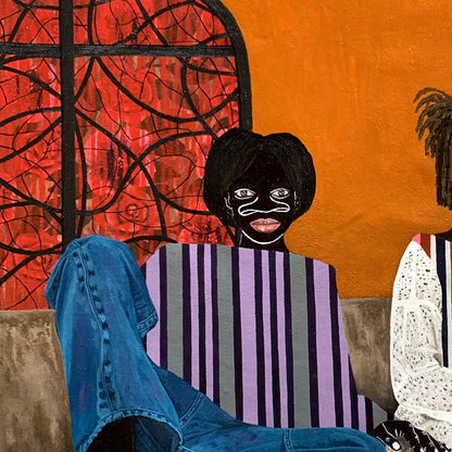 Stylized acrylic painting Lazy Afternoon by Akintomide Akinshola, person on striped chair