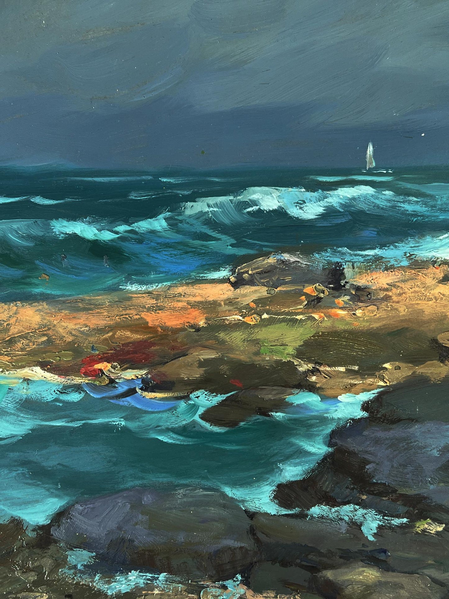 Oil painting of stormy teal waves crashing on rocks by Yuriy Suprunchuk