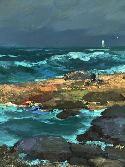 Oil painting of stormy teal waves crashing on rocks by Yuriy Suprunchuk