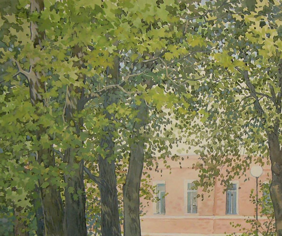 Watercolor painting of summer park with peach brick building by Valery Savenets