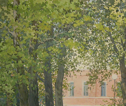 Watercolor painting of summer park with peach brick building by Valery Savenets