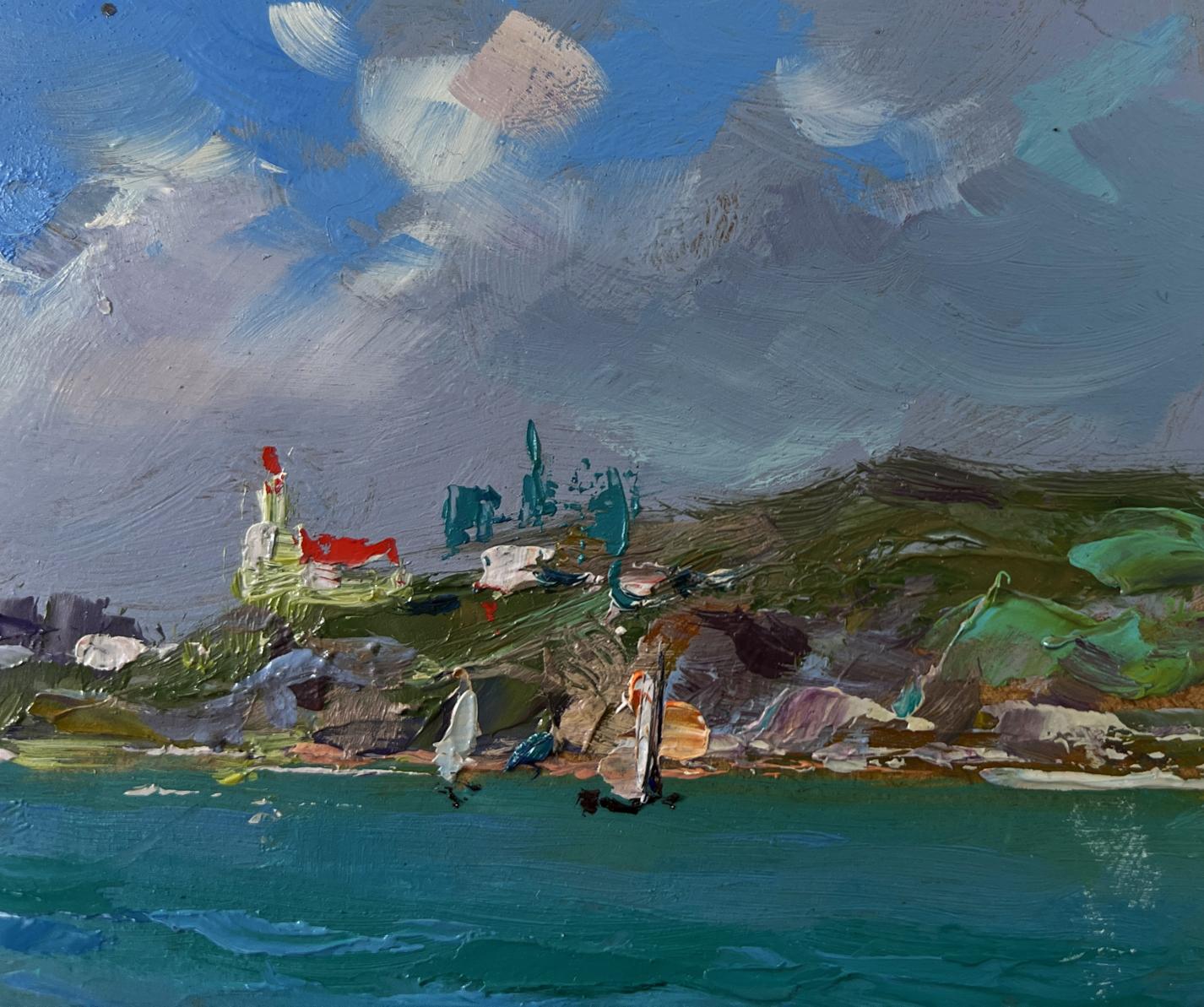 Vibrant impressionist oil painting of sailboats at sea and rocky shore by Yuri Suprunchuk