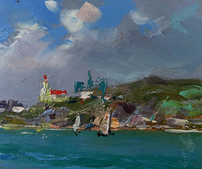 Vibrant impressionist oil painting of sailboats at sea and rocky shore by Yuri Suprunchuk