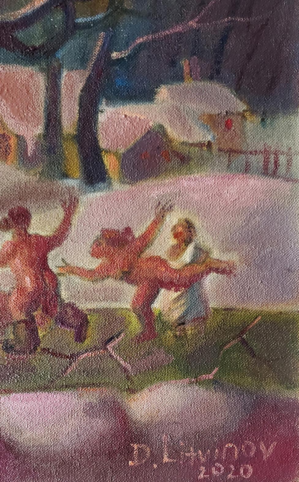 Oil painting Winter evening entertainment by Daniil Litvinov, vibrant figures in motion