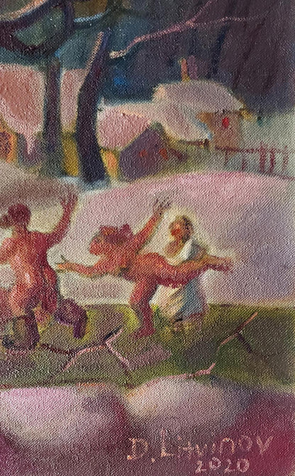 Oil painting Winter evening entertainment by Daniil Litvinov, vibrant figures in motion