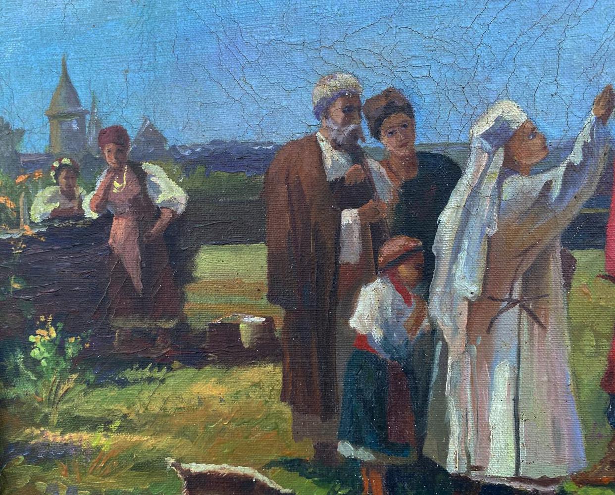 Cracked oil painting Sending off to war: people in traditional attire outdoors under blue sky