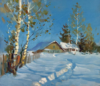 Oil painting of rustic wooden house in snowy birch forest by Yuriy Suprunchuk