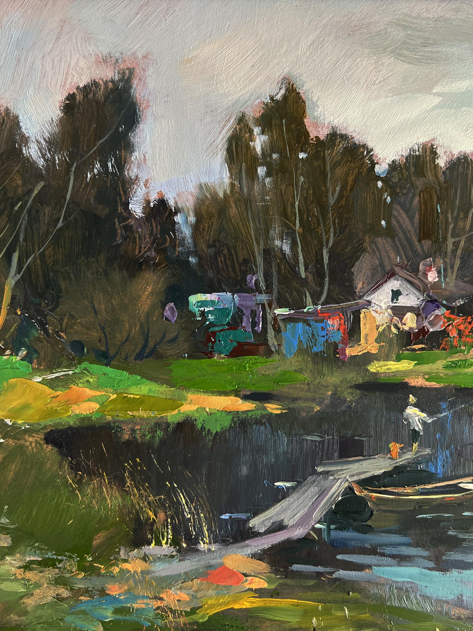 Vibrant impressionist oil painting of rural grey river by Yuriy Suprunchuk