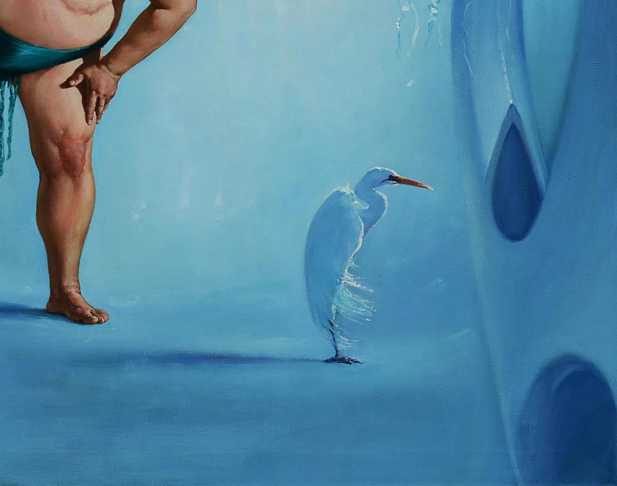 White egret oil painting by Oleg Kateryniuk on serene blue backdrop