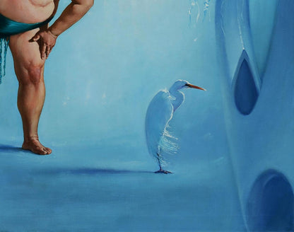 White egret oil painting by Oleg Kateryniuk on serene blue backdrop