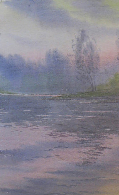 Watercolor painting of Morning river by Valery Savenets at dusk