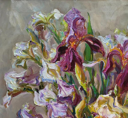 Vibrant impressionistic oil painting of iris bouquet by Leonid Pavlenko