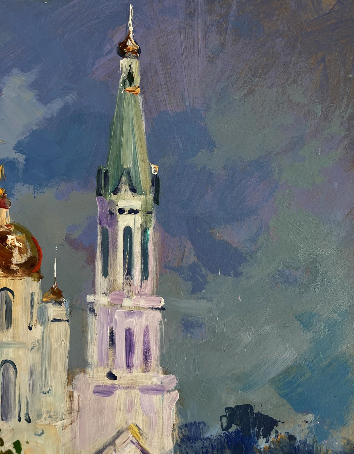 Oil painting of ornate church spire by Yuri Suprunchuk under cloudy sky