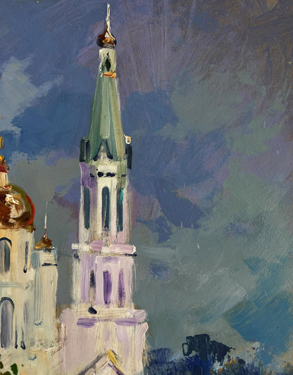 Oil painting of ornate church spire by Yuri Suprunchuk under cloudy sky