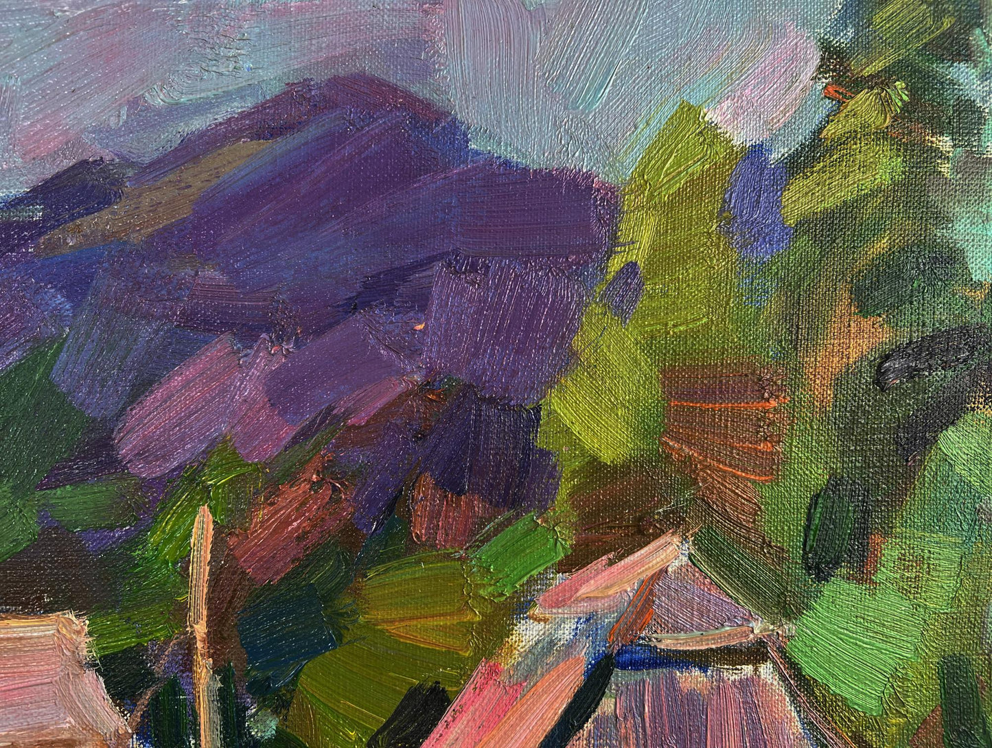 Vibrant impressionist oil painting of mountains above village by Vyacheslav Pereta